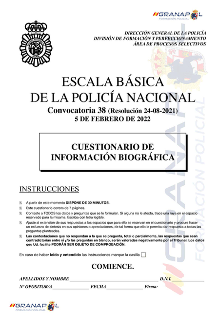 Examen oficial de Biodata Convocatoria 2022 Policía Nacional Escala Básica