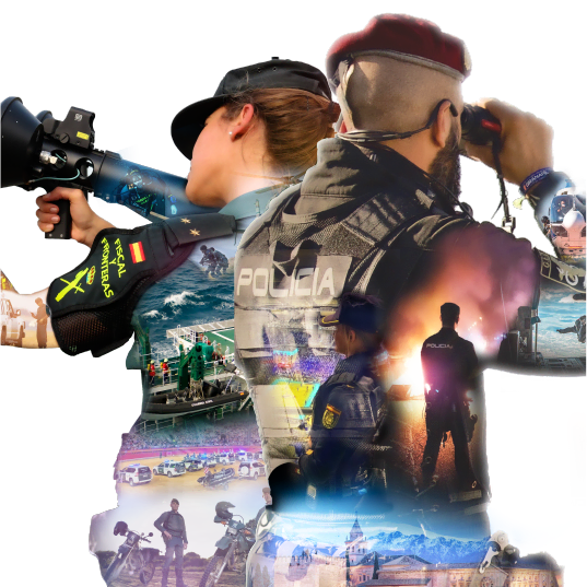 Montaje fotográfico de un policía y una guardia civil con varias escenas. Realizado por Granapol